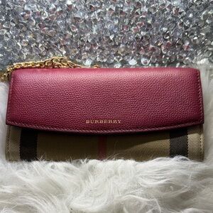 Burberry Burgundy Leather & Classic Check Chain Clutch